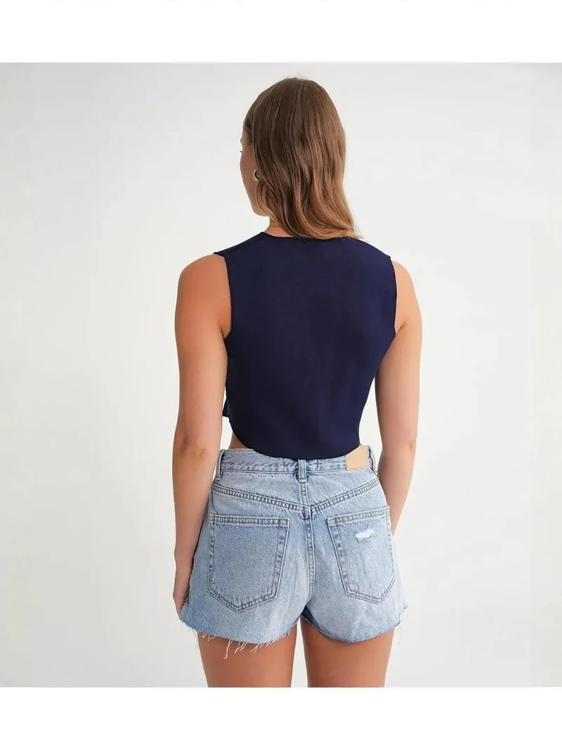 MixRay Navy Blue Mixray V-Neck Buttoned Crop Vest for Women | Best Price UAE