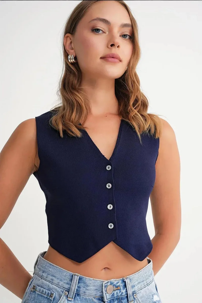 Mixray Mixray V-Neck Buttoned Crop Vest