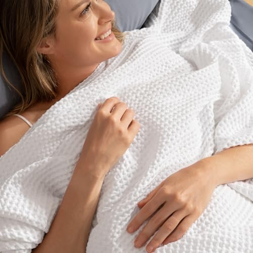 PHF 100% Cotton Waffle Weave Blanket Queen Size for Bed,Snag Proof Lightweight Breathable Moisture-Wicking Throw for Couch, Great for Layering in Cold Weather, Machine Washable, Home Decor Gift-White - Image 1