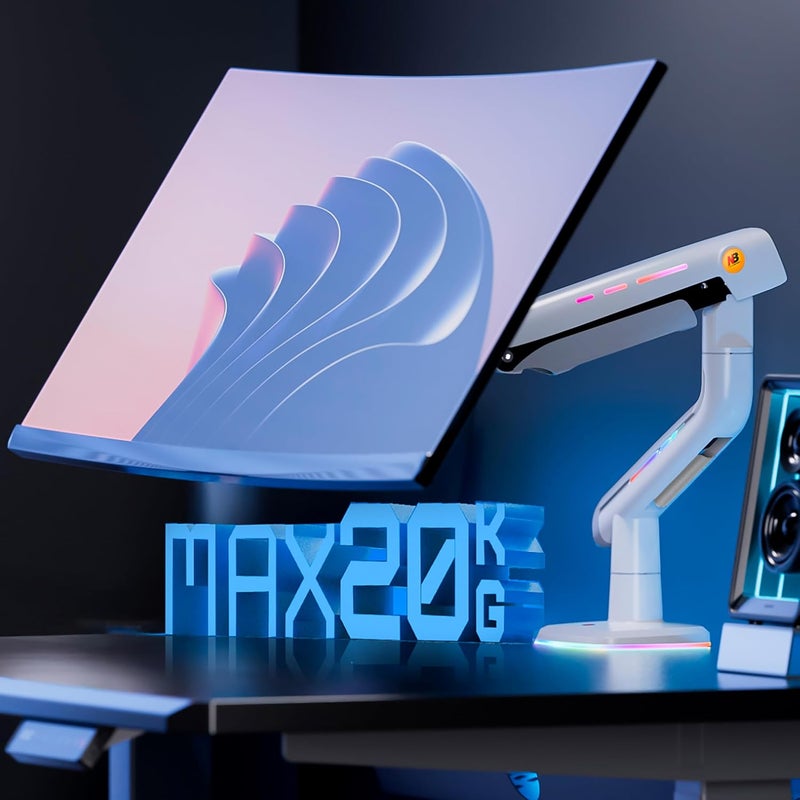 NB ERGONOMIC NB Gaming Monitor Arm or for 32 to 60 Inches Screen, Load up to 20 kg, VESA 75/100, RGB-Light, Heavy Duty, Multi Angle Adjustable, Premium Aluminum, White - Image 3