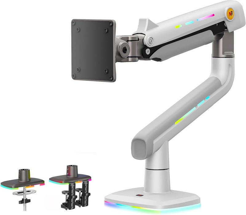 NB ERGONOMIC NB Gaming Monitor Arm or for 32 to 60 Inches Screen, Load up to 20 kg, VESA 75/100, RGB-Light, Heavy Duty, Multi Angle Adjustable, Premium Aluminum, White - Image 1