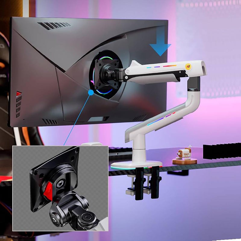 NB ERGONOMIC NB Gaming Monitor Arm or for 32 to 60 Inches Screen, Load up to 20 kg, VESA 75/100, RGB-Light, Heavy Duty, Multi Angle Adjustable, Premium Aluminum, White - Image 4