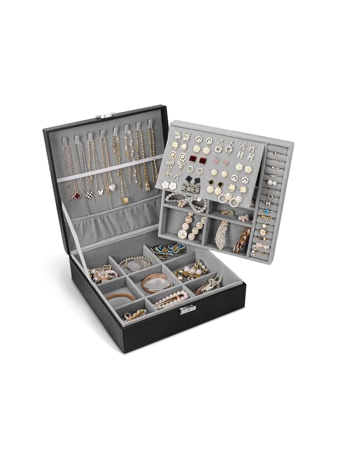 The Bros Large Jewelry Box for Women & Men, 2 Layer PU Leather Jewelry Organizer with Lock, Storage Case for Necklaces, Bracelets, Rings, Earrings - Ideal Gift for All Occasions - Image 2