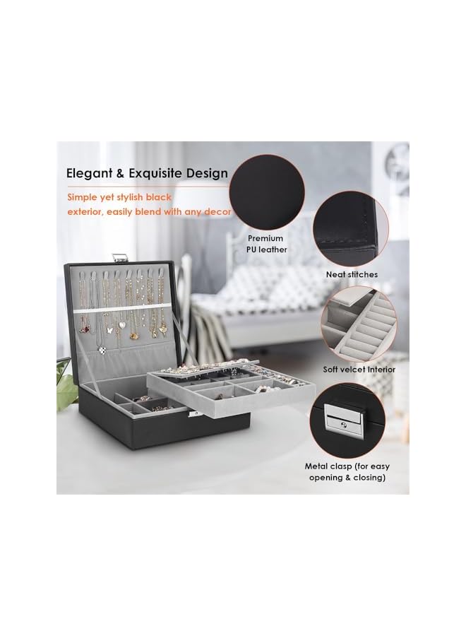 The Bros Large Jewelry Box for Women & Men, 2 Layer PU Leather Jewelry Organizer with Lock, Storage Case for Necklaces, Bracelets, Rings, Earrings - Ideal Gift for All Occasions - Image 4
