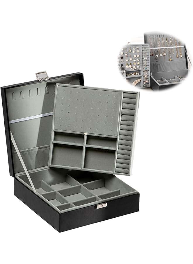 The Bros Large Jewelry Box for Women & Men, 2 Layer PU Leather Jewelry Organizer with Lock, Storage Case for Necklaces, Bracelets, Rings, Earrings - Ideal Gift for All Occasions - Image 1