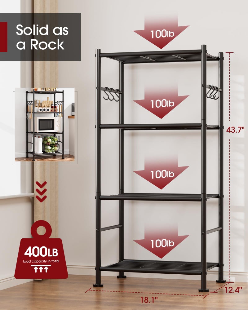 Sakugi Storage Shelves - 4-Tier Large Capacity Shelf Organizer with Hooks, Heavy-Duty Garage Shelving with Leveling Feet, Wobble-Free Rack for Bedroom, Balcony, Garage, 18.1"Ã—12.4"Ã—43.7", Black - Image 2