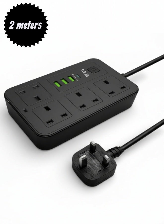 توصيلة كهرباء لتمديد الطاقة بقوة 2500 واط (8 في 1) مع 3 منافذ USB، و1 منفذ توصيل طاقة نوع C للشحن السريع فائق السرعة، شحن تلقائي 3.4 امبير، توصيلة كهرباء بقوة 2500 واط، بطول 2 متر، لوحة متعددة المقابس، سلك تمديد شديد التحمل - شحن سريع - Image 1