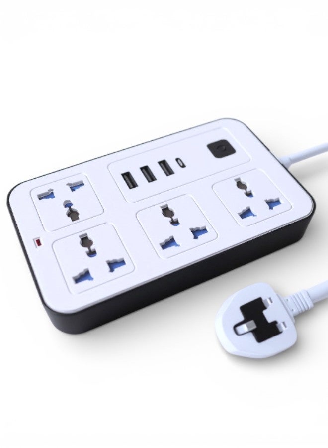 توصيلة كهرباء لتمديد الطاقة بقوة 2500 واط (8 في 1) مع 3 منافذ USB، و1 منفذ توصيل طاقة نوع C للشحن السريع فائق السرعة، شحن تلقائي 3.4 امبير، توصيلة كهرباء بقوة 2500 واط، بطول 2 متر، لوحة متعددة المقابس، سلك تمديد شديد التحمل - شحن سريع - Image 2