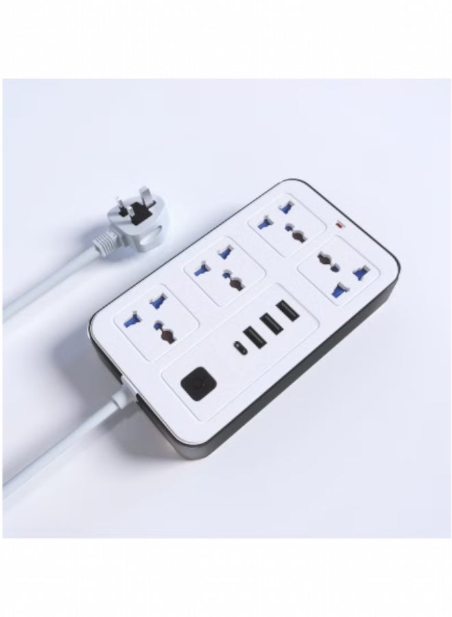 توصيلة كهرباء لتمديد الطاقة بقوة 2500 واط (8 في 1) مع 3 منافذ USB، و1 منفذ توصيل طاقة نوع C للشحن السريع فائق السرعة، شحن تلقائي 3.4 امبير، توصيلة كهرباء بقوة 2500 واط، بطول 2 متر، لوحة متعددة المقابس، سلك تمديد شديد التحمل - شحن سريع - Image 4