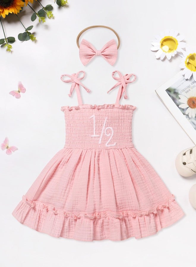 IMEKIS Half Birthday Outfit Girl: Halfway to One Cake Smash Photoshoot Toddler Baby Fairy Boho Bubble Romper Summer Smocked Dress Clothes Pink 1/2 6-9 Months - Image 2