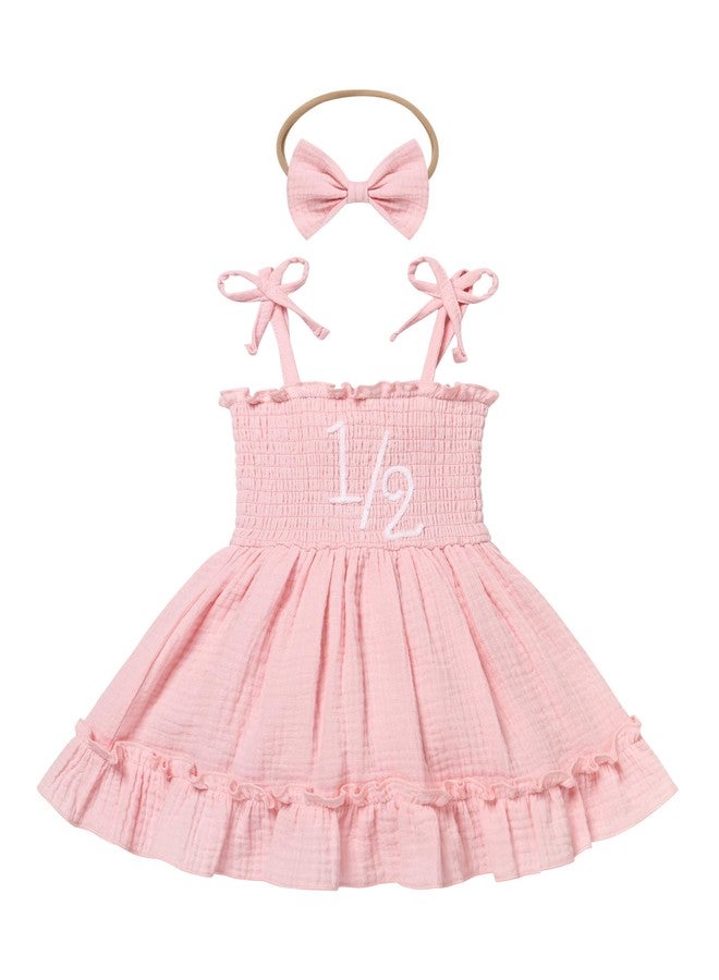 IMEKIS Half Birthday Outfit Girl: Halfway to One Cake Smash Photoshoot Toddler Baby Fairy Boho Bubble Romper Summer Smocked Dress Clothes Pink 1/2 6-9 Months - Image 1