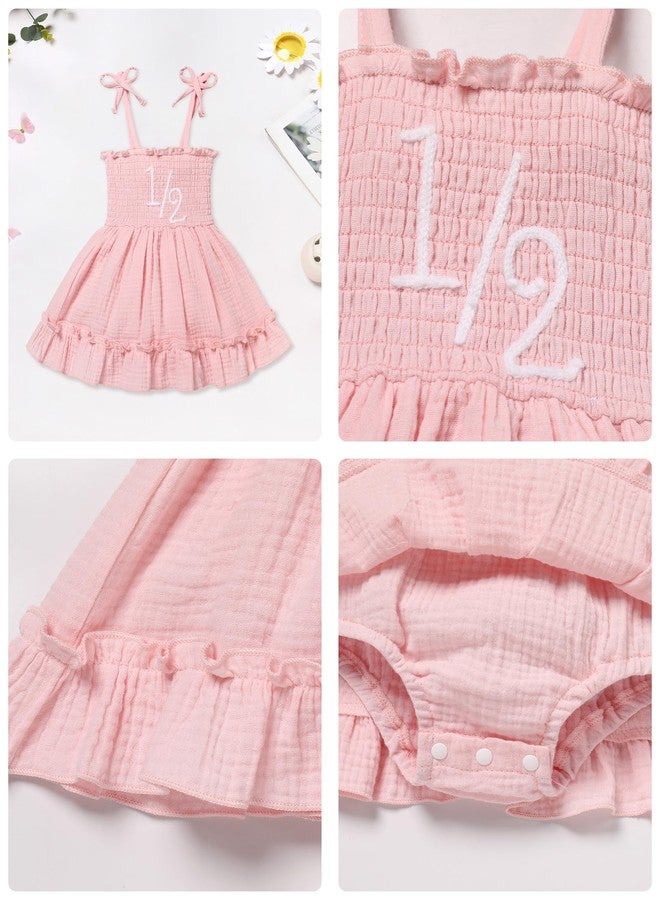 IMEKIS Half Birthday Outfit Girl: Halfway to One Cake Smash Photoshoot Toddler Baby Fairy Boho Bubble Romper Summer Smocked Dress Clothes Pink 1/2 6-9 Months - Image 4