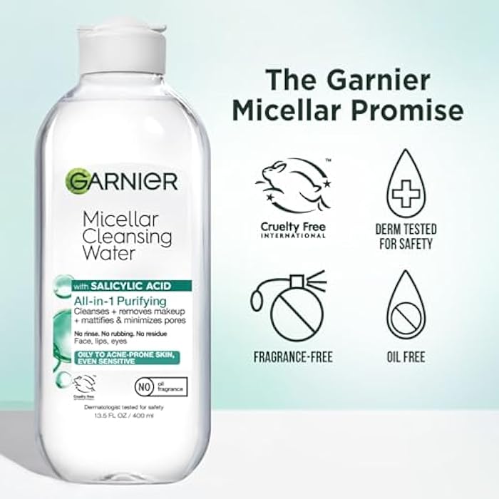 Garnier Micellar Water with Salicylic Acid, All-in-1 Mattifying Facial Cleanser and Makeup Remover for Oily and Acne Prone Skin, 13.5 Fl Oz - Image 4