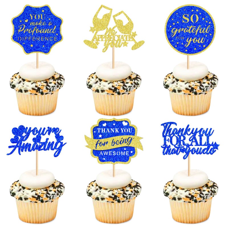 Ercadio 24Pcs We Appreciate You Cupcake Toppers Glitter Blue Gold Thank You Being Awesome Retirement Cupcake Decorations Graduation Parents Appreciation Theme Teachers Mothers Fathers Day Supplies - Image 3