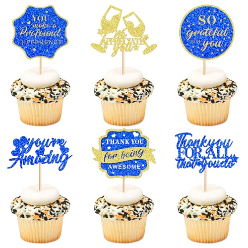 Ercadio 24Pcs We Appreciate You Cupcake Toppers Glitter Blue Gold Thank You Being Awesome Retirement Cupcake Decorations Graduation Parents Appreciation Theme Teachers Mothers Fathers Day Supplies - Image 1