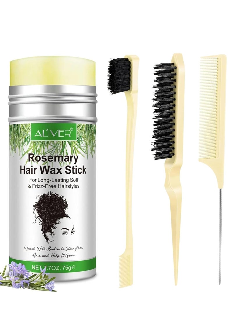ALIVER 75g Rosemary Hair Wax Stick with 3 PCS Edge Control Brush Hair Slick Stick Wax Stick for Hair Styling & Growth Bristle Brush for Flyaways Teasing Brush for Hair Styling for Hair with Rosemary  - Image 1