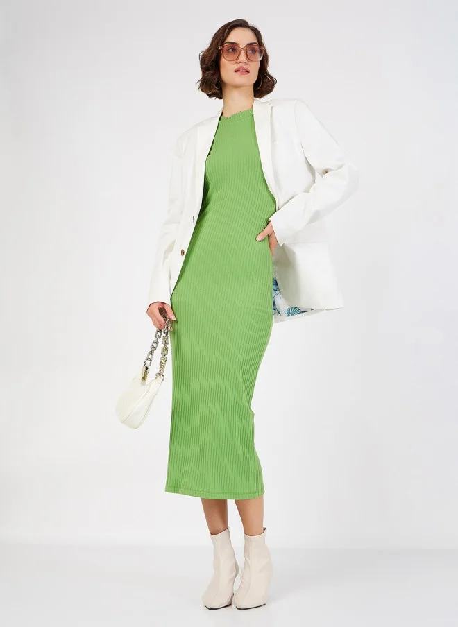 SASSAFRAS Green Ribbed Sheath Midi Dress for Women