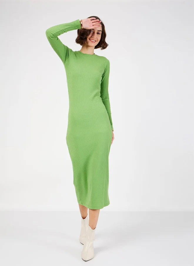 SASSAFRAS Green Ribbed Sheath Midi Dress for Women