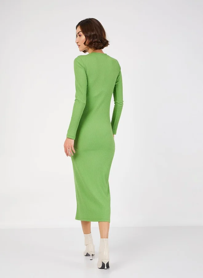 SASSAFRAS Green Ribbed Sheath Midi Dress for Women