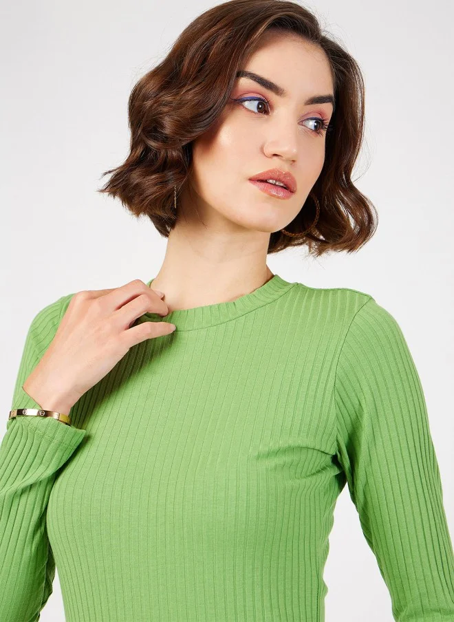 SASSAFRAS Green Ribbed Sheath Midi Dress for Women