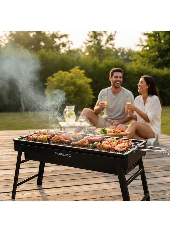 porodo Portable Folding Large BBQ Grill Net with Spacious Cooking Surface, Steel Material, Hand Hooks, Ideal for Outdoor Cooking, Picnic, Patio, Camping, [Grill Spatula & Fork Set Included] - Black - Image 2