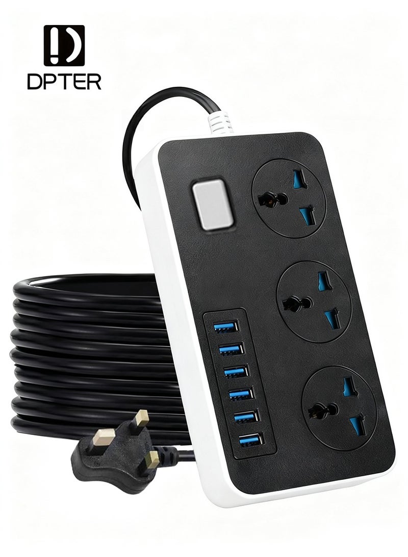 ديبتر مقبس تمديد كهربائي 9 في 1، تمديد كهربائي 2000 واط مع 3 مآخذ كهربائية + 6 منافذ USB | شحن تلقائي 3.4 أمبير | حماية مضادة للكهرباء الساكنة | سلك تمديد 2 متر – أسود | يشمل حماية مضادة للكهرباء الساكنة وسلك شديد التحمل بطول 5000 مم لشحن آمن وفعال - Image 1