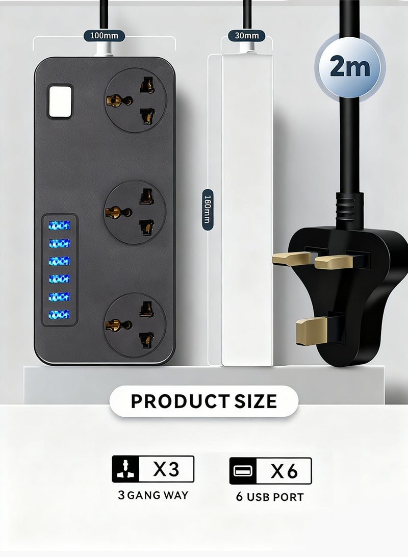 ديبتر مقبس تمديد كهربائي 9 في 1، تمديد كهربائي 2000 واط مع 3 مآخذ كهربائية + 6 منافذ USB | شحن تلقائي 3.4 أمبير | حماية مضادة للكهرباء الساكنة | سلك تمديد 2 متر – أسود | يشمل حماية مضادة للكهرباء الساكنة وسلك شديد التحمل بطول 5000 مم لشحن آمن وفعال - Image 2