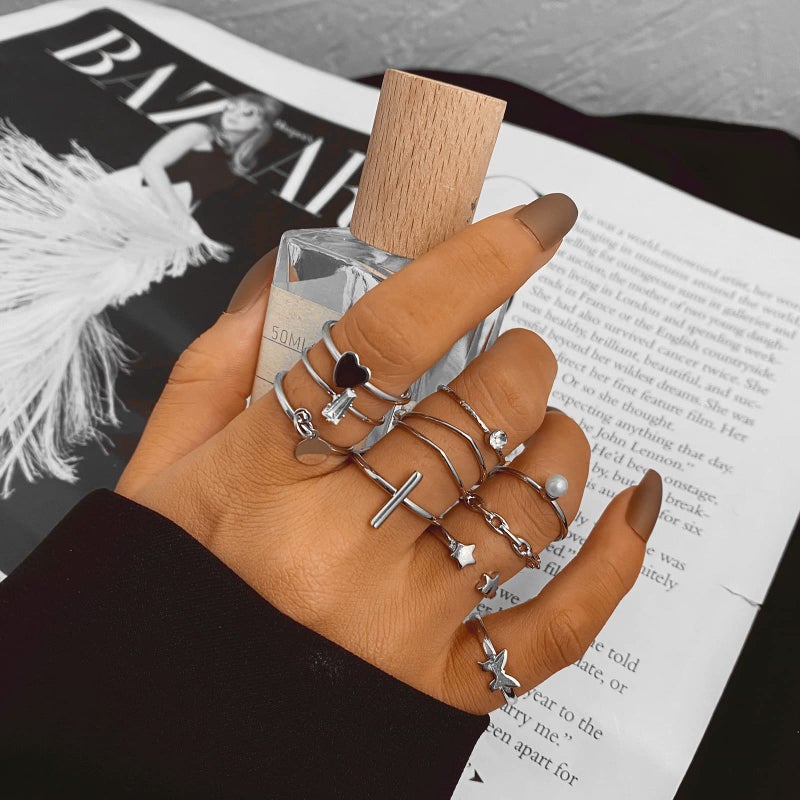 YEEZII 68 Pcs Silver Knuckle Rings Set for Women, Stackable Rings Boho Joint Finger Midi Rings Hollow Carved Crystal Stacking Rings Pack - Image 4