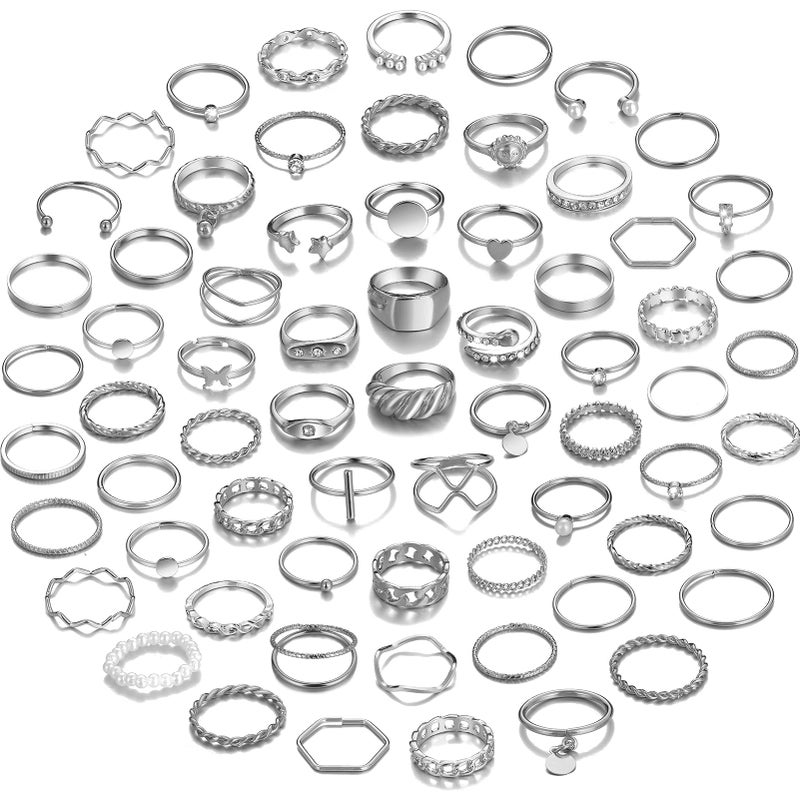 YEEZII 68 Pcs Silver Knuckle Rings Set for Women, Stackable Rings Boho Joint Finger Midi Rings Hollow Carved Crystal Stacking Rings Pack - Image 1