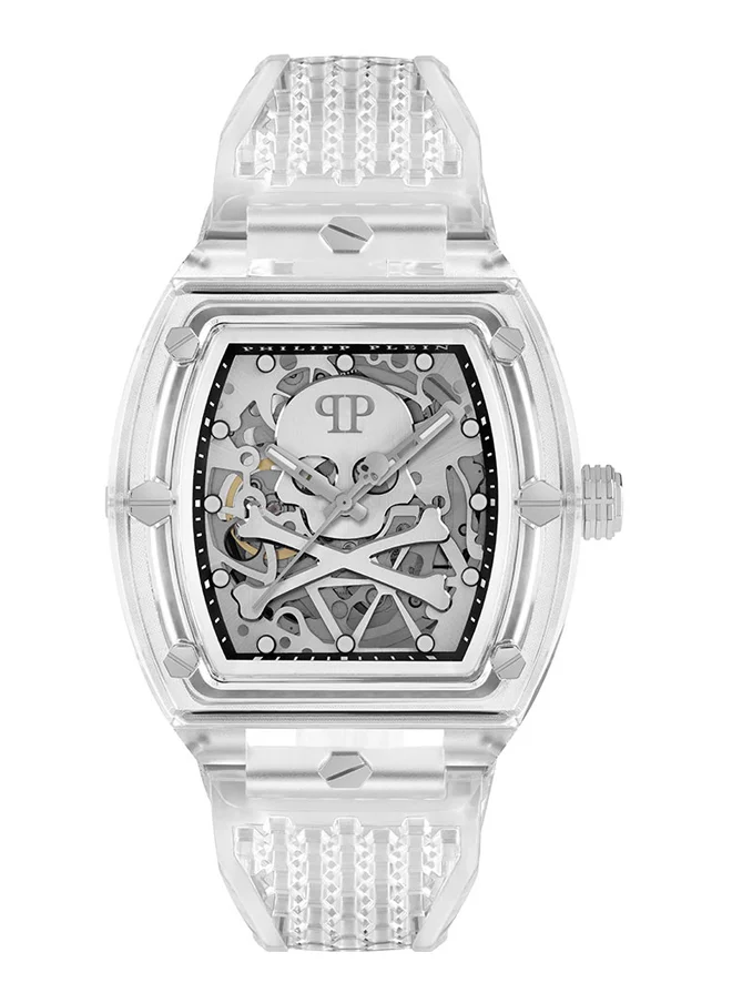 PHILIPP PLEIN The $Keleton Crystal Men's 44mm Watch with Tonneau Bezel, Hex Bolt Detailing, and Clear TPU Strap - Automatic  Timepiece