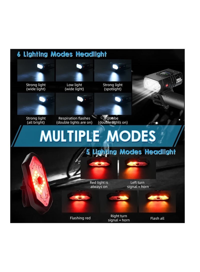 Bike Lights Set, USB Rechargeable Bicycle Light Front, Back, 1000 Lumen Bicycle Headlight and Rear Taillight with Turn Signal & Horn, Waterproof and 5,6 Lighting Modes for Night Cycling Road Mountain - Image 2