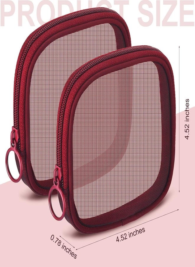 Fennec Mart 4pcs Mesh Makeup Pouch Small Cosmetic Bags for Women, 4.7" Square Nylon Mini Zipper Organizer for Lipstick, Coins, Toiletries, Accessories - Compact Travel Pouches for Purse & Bag (Maroon) - Image 2