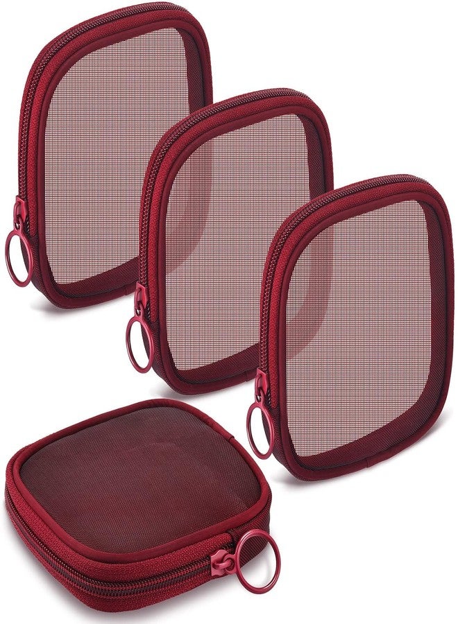 Fennec Mart 4pcs Mesh Makeup Pouch Small Cosmetic Bags for Women, 4.7" Square Nylon Mini Zipper Organizer for Lipstick, Coins, Toiletries, Accessories - Compact Travel Pouches for Purse & Bag (Maroon) - Image 1