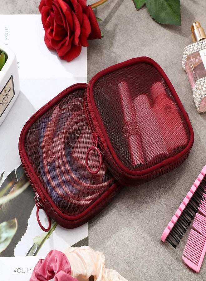 Fennec Mart 4pcs Mesh Makeup Pouch Small Cosmetic Bags for Women, 4.7" Square Nylon Mini Zipper Organizer for Lipstick, Coins, Toiletries, Accessories - Compact Travel Pouches for Purse & Bag (Maroon) - Image 4