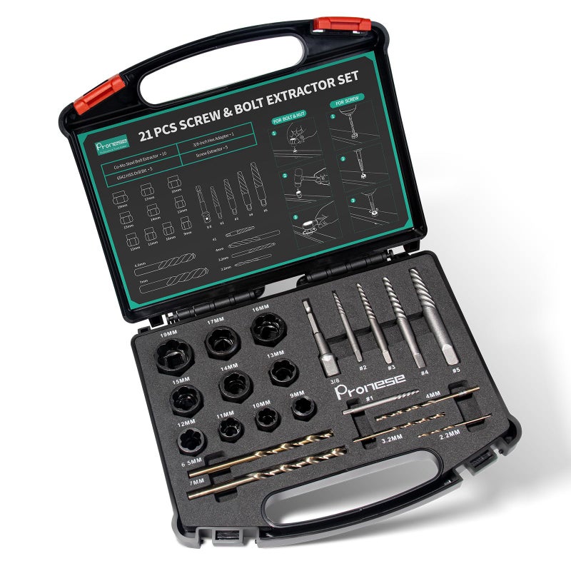 Pronese 21 pcs Bolt&Screw Extractor and Drill Bit Set, Damaged Screw Extractor Set, Bolt Nut Remover and Locking Wheel Nut Removal Tool, Easy Out Broken Lug Nut Extraction, Socket Tool for Stripped - Image 1