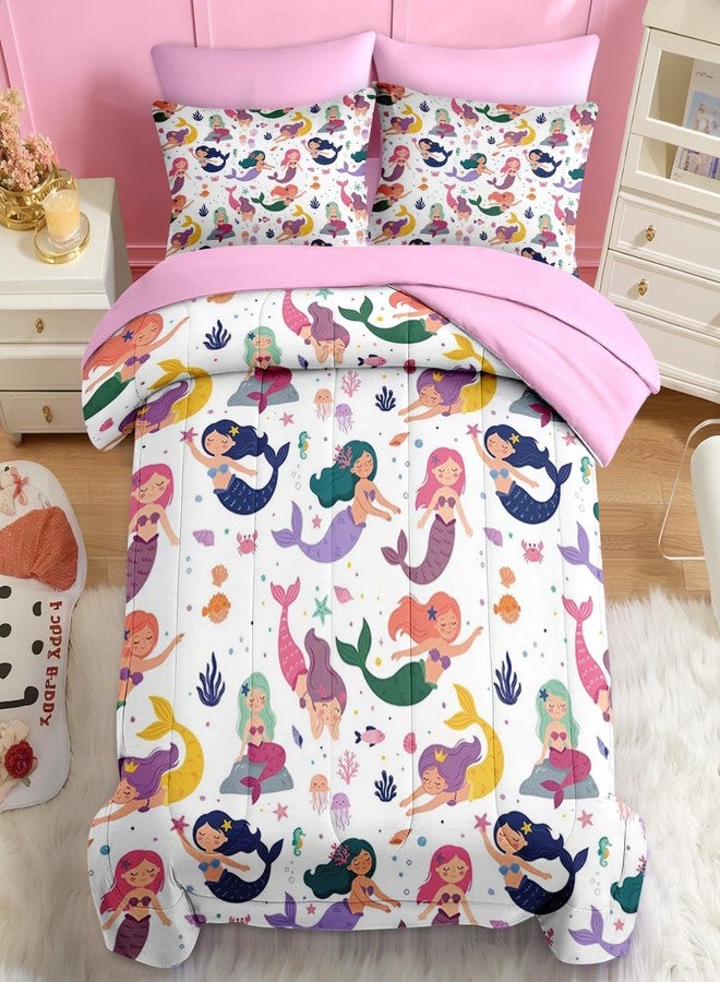 Nesker 5 Pcs Comforter Set Twin Size, Colorful Mermaid Princess Bedding for Kids Teen, Cartoon Sea Animals Bed Sheet with Pillowcase & Sham - Image 3
