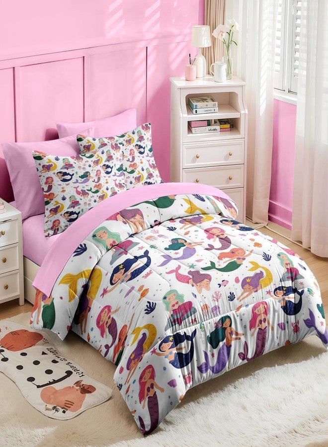 Nesker 5 Pcs Comforter Set Twin Size, Colorful Mermaid Princess Bedding for Kids Teen, Cartoon Sea Animals Bed Sheet with Pillowcase & Sham - Image 4