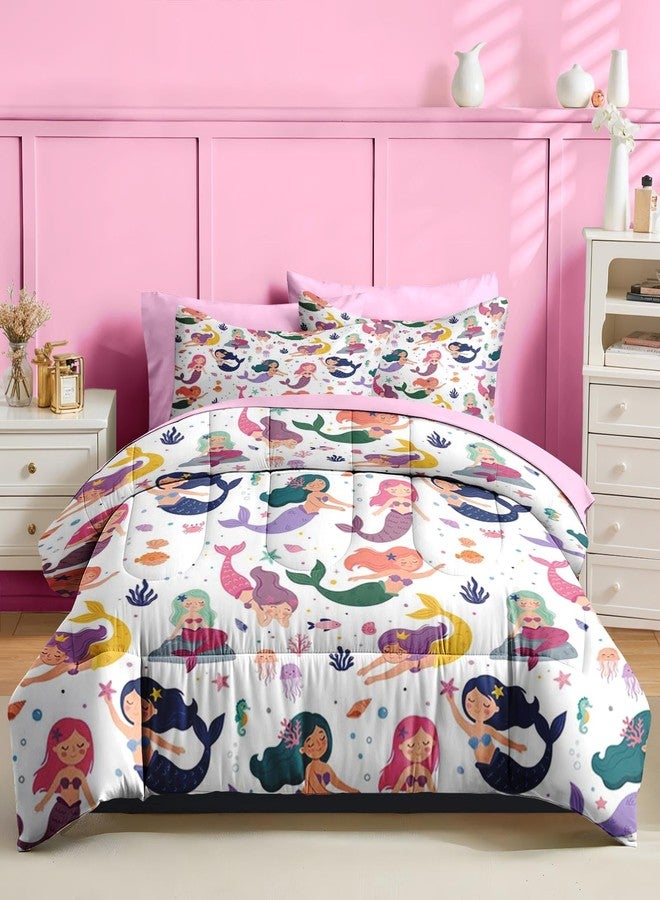 Nesker 5 Pcs Comforter Set Twin Size, Colorful Mermaid Princess Bedding for Kids Teen, Cartoon Sea Animals Bed Sheet with Pillowcase & Sham - Image 2