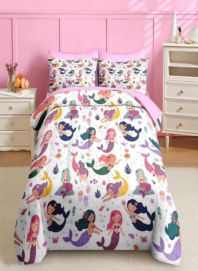 Nesker 5 Pcs Comforter Set Twin Size, Colorful Mermaid Princess Bedding for Kids Teen, Cartoon Sea Animals Bed Sheet with Pillowcase & Sham - Image 1