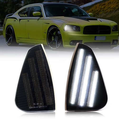 FetonAuto مجموعة أضواء إشارة جانبية LED للواجهة الأمامية البيضاء من فيتون أوتو لسيارة دودج تشارجر 2006-2010 دايتونا RT SE SRT8 SXT، عدسات مدخنة لمصابيح إشارة الزاوية للسائق والراكب - Image 1