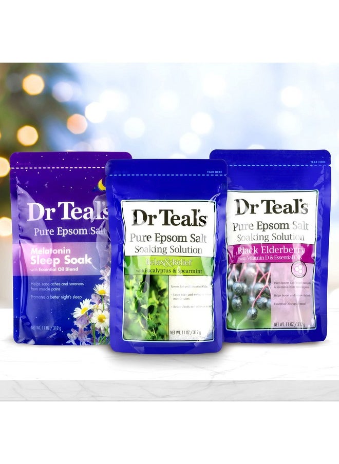 Dr Teal's - Epsom Salt Trio Gift Set (Three 14Oz Bags) - Relax & Relief, Melatonin Soak, & Black Elderberry - Give The Gift Of Relaxation - Soothe Aches Wtih At Home Spa Kit - Image 1