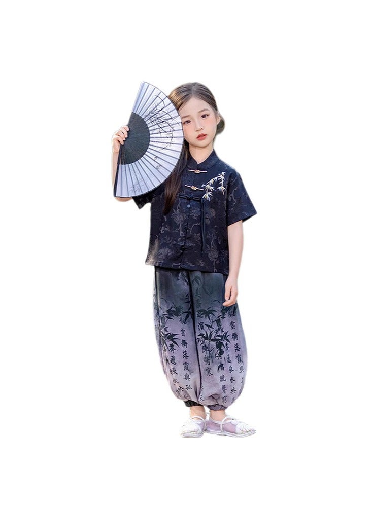 LiangSanZhi girls' Chinese Tang Suit Hanfu Costume - New Chinese Style Retro Performance Outfit, Long Sleeve Ethnic Kung Fu Jacket Pants Set for Kids (Spring/Autumn) - Image 1