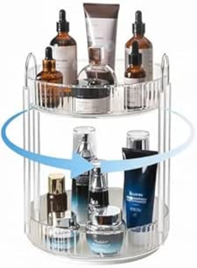 360° Rotating Makeup Organizer Bathroom Make Up Spinning Holder Rack Large Capacity Cosmetics Storage Vanity Shelf Countertop, Fits Cosmetics, Perfume, Skincare Lipsticks (2 Tier, Amber)
