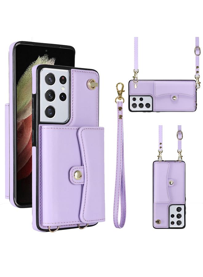 S-TOP Case For Samsung Galaxy S21 Ultra 5G RFID Card Slot Leather Phone Case with Long Lanyard - Image 1