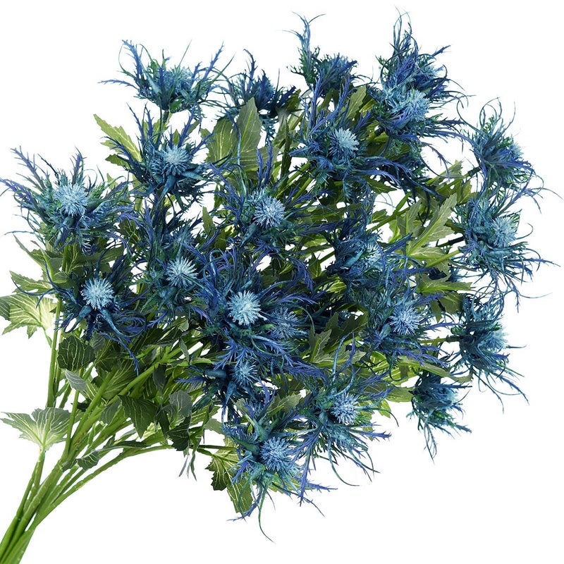 FiveSeasonStuff 8 Stems Real Size Artificial Thistle Spray Real Touch EryngiumSea Holly Big Blue Blue 66cm