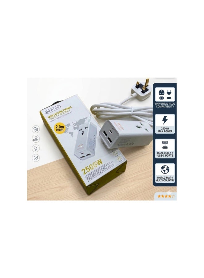 ديجيتبلس مقبس أمان متعدد الوظائف Digitplus DP-601B - مخرج تيار متردد واحد مع منفذي USB-A ومنفذ USB-C واحد، شريط طاقة بقدرة 2500 واط، كابل بطول 2 متر - Image 3