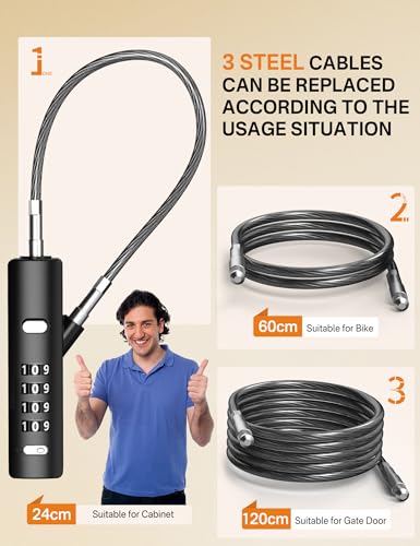 I-EASYDWW 4Digit Combination Cable Lock with 3 Replaceable Steel Cables for Gate Bike Luggage Resettable Keyless Cable Lock Black 2 Pack - Image 3