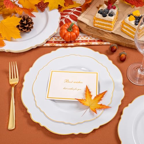 WDF 100pcs Gold Plastic Plates - High-end Baroque Design - Heavy Duty White &Gold Wedding Plates Set Ideal for Thanksgiving Weddings/Party/Bridal Shower - Image 5