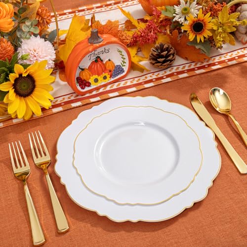 WDF 100pcs Gold Plastic Plates - High-end Baroque Design - Heavy Duty White &Gold Wedding Plates Set Ideal for Thanksgiving Weddings/Party/Bridal Shower - Image 3