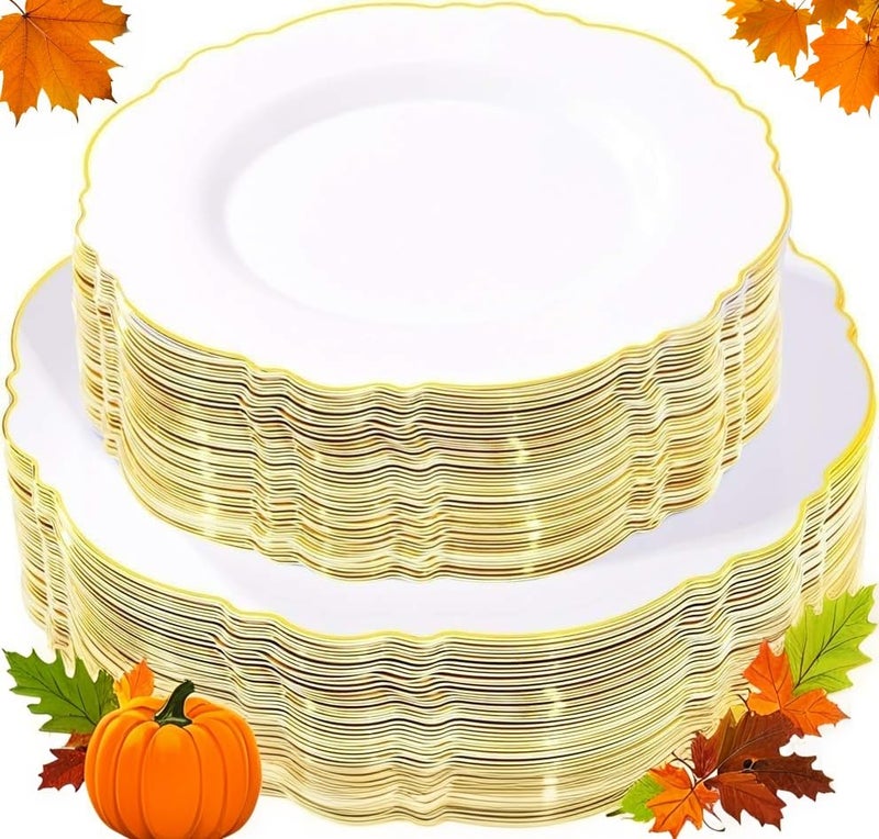 WDF 100pcs Gold Plastic Plates - High-end Baroque Design - Heavy Duty White &Gold Wedding Plates Set Ideal for Thanksgiving Weddings/Party/Bridal Shower - Image 1
